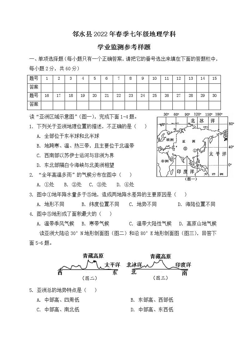 四川省广安市邻水县2021-2022学年七年级下学期期末考试地理试题（Word版含答案）01