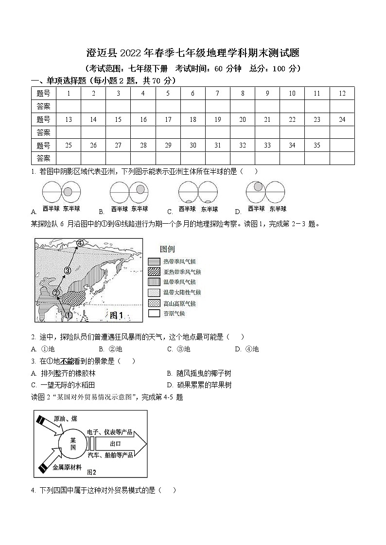 海南省澄迈县2021-2022学年七年级下学期期末地理试题(word版含答案)第1页