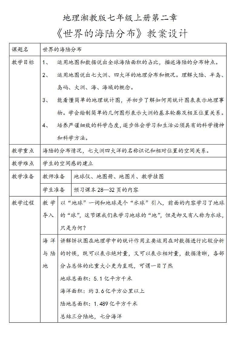 湘教版地理七年级上册第二章第二节《世界的海陆分布》课件+教案01