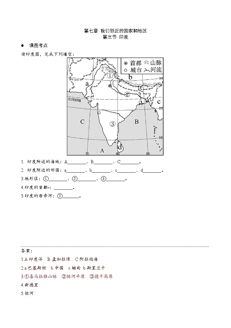 7.3印度（要点、填图、课本答案）-2022-2023学年七年级地理下册同步备课（人教版） 试卷02