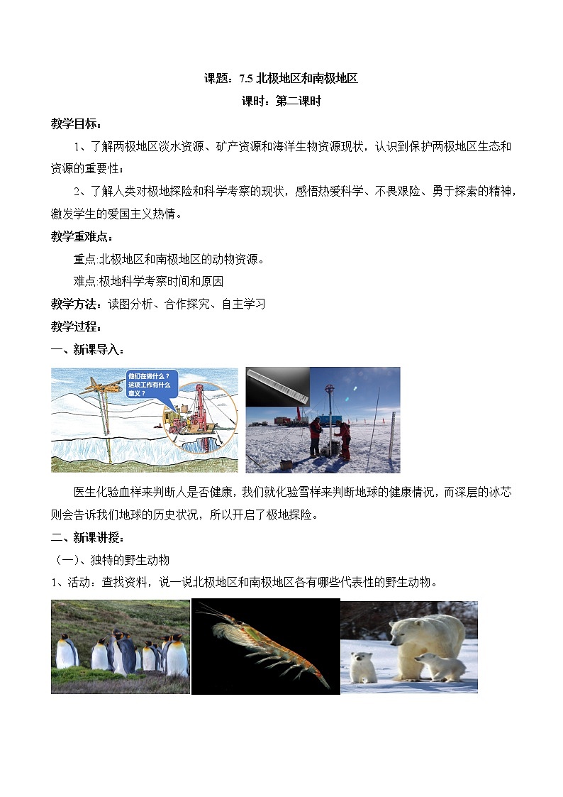 7.5北极地区和南极地区（第2课时）（教案）-2022-2023学年七年级地理下册同步优质备课包课件+教案+练习（湘教版）01