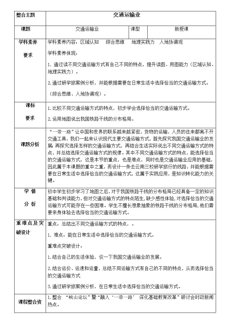 七年级地理上册教案-4.1交通运输1-鲁教版（五四学制）01