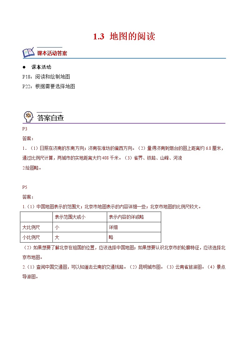 1.3 地图的阅读-2022-2023学年七年级地理上册课后培优分级练（人教版）（原卷版）第1页