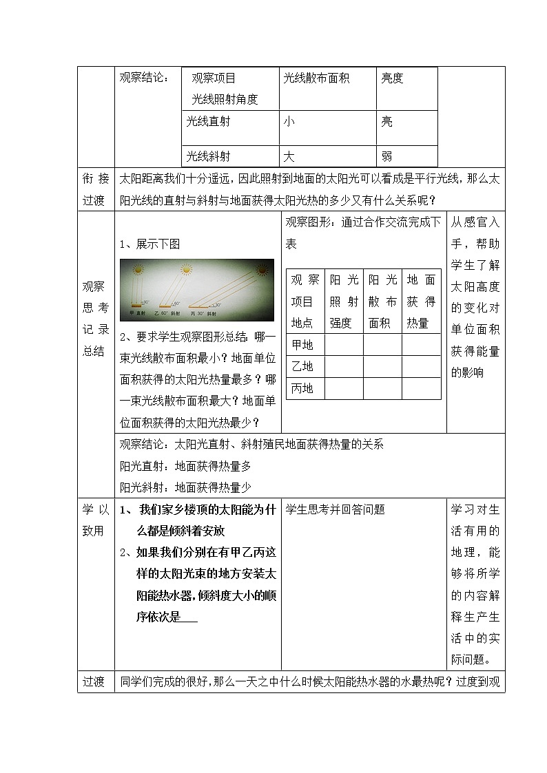商务星球版地理七年级上第一章《活动课__太阳光直射、斜射对面获得热量的影响》教案03