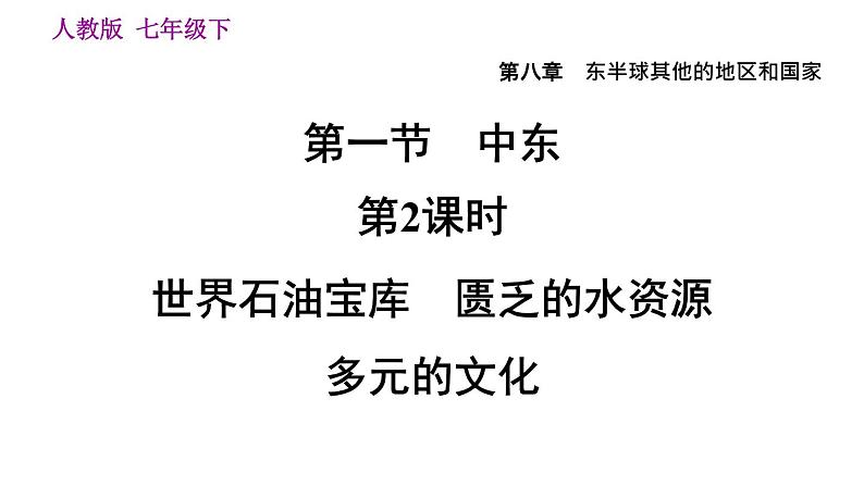 地理人教版七年级下册同步教学课件第8章东半球其他的国家和地区8.1中东第2课时世界石油宝库匮乏的水资源多元的文化习题01