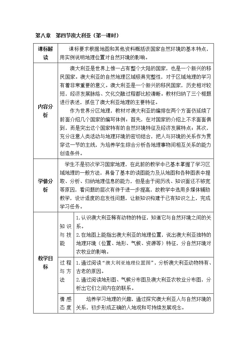 初中地理7下第8章第4节澳大利亚1 精品教案01