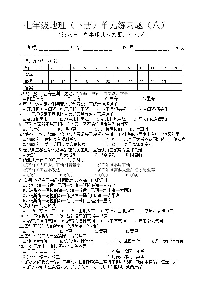 初中地理7下（第8单元东半球其他的国家和地区 试卷第1页