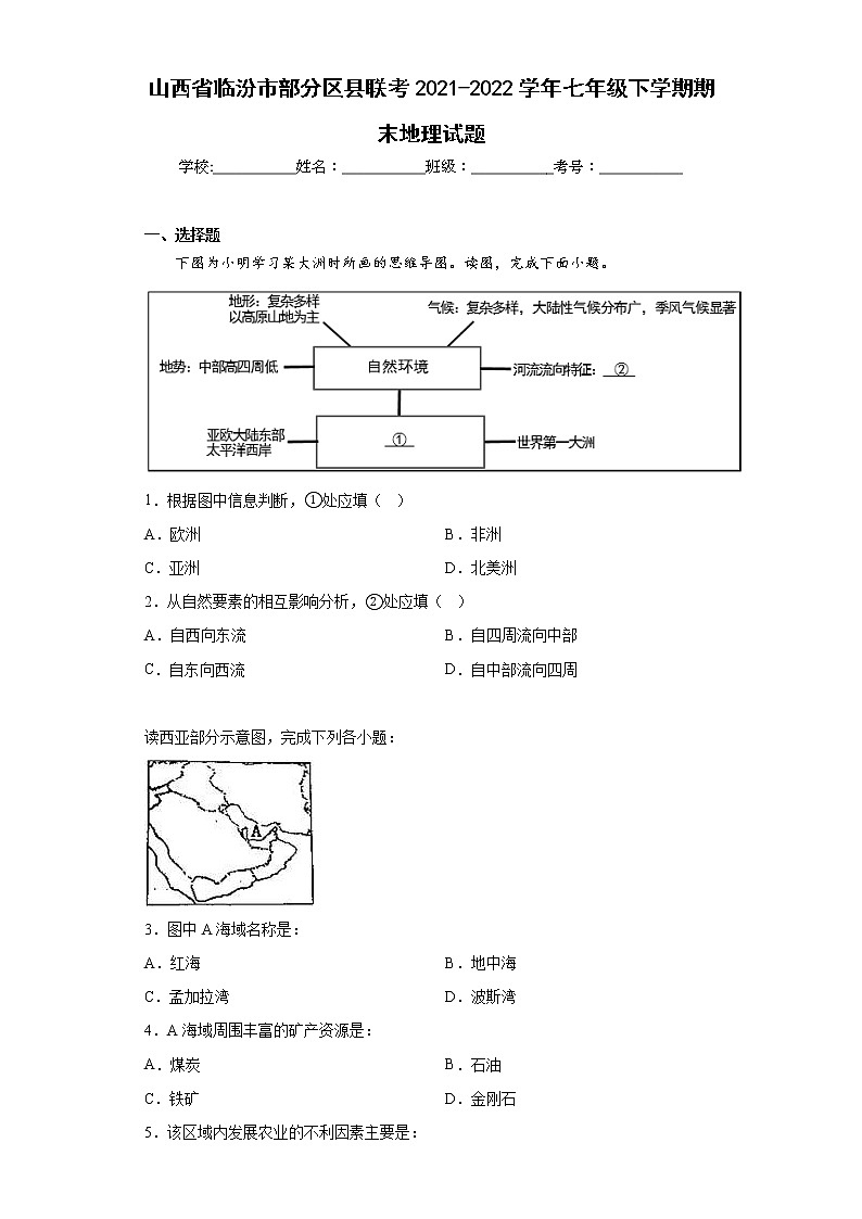 山西省临汾市部分区县联考2021-2022学年七年级下学期期末地理试题(含答案)01