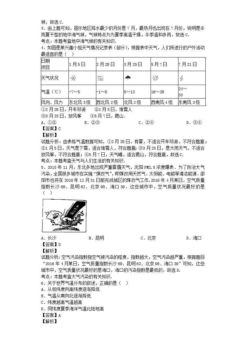 中考地理复习 地理复习——“天气与气候”一章中考典型题赏析02
