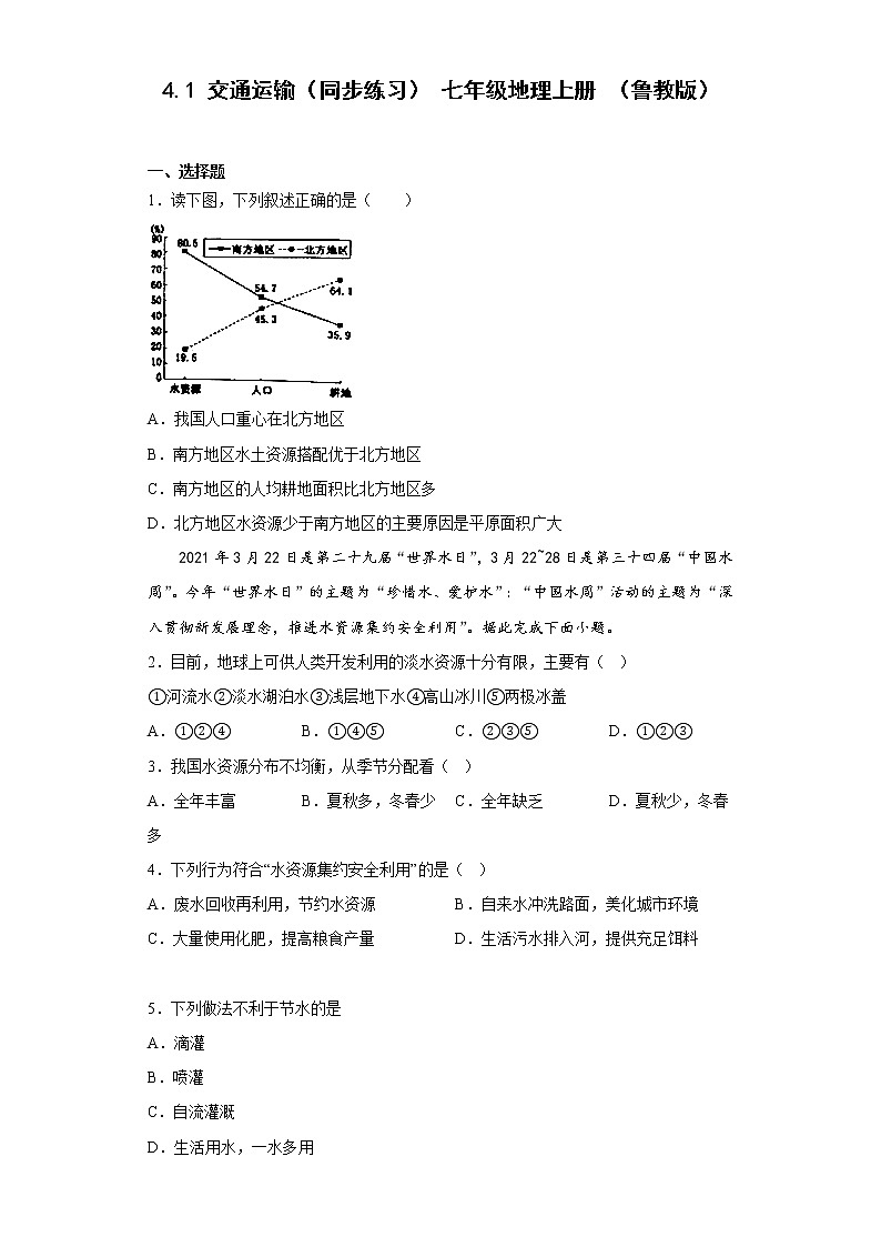 4.1 交通运输同步练习-2022-2023学年七年级地理上学期鲁教版（五四学制）(含答案)01