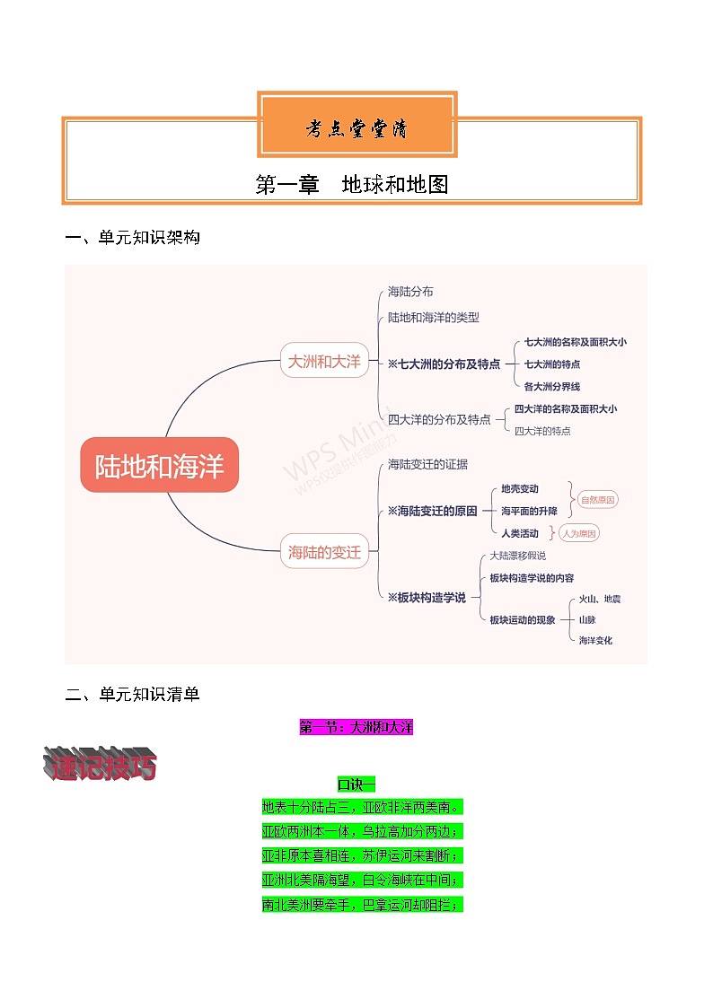 【知识梳理】人教版地理七年级上册 第二章：陆地和海洋  知识框架+基础知识梳理01