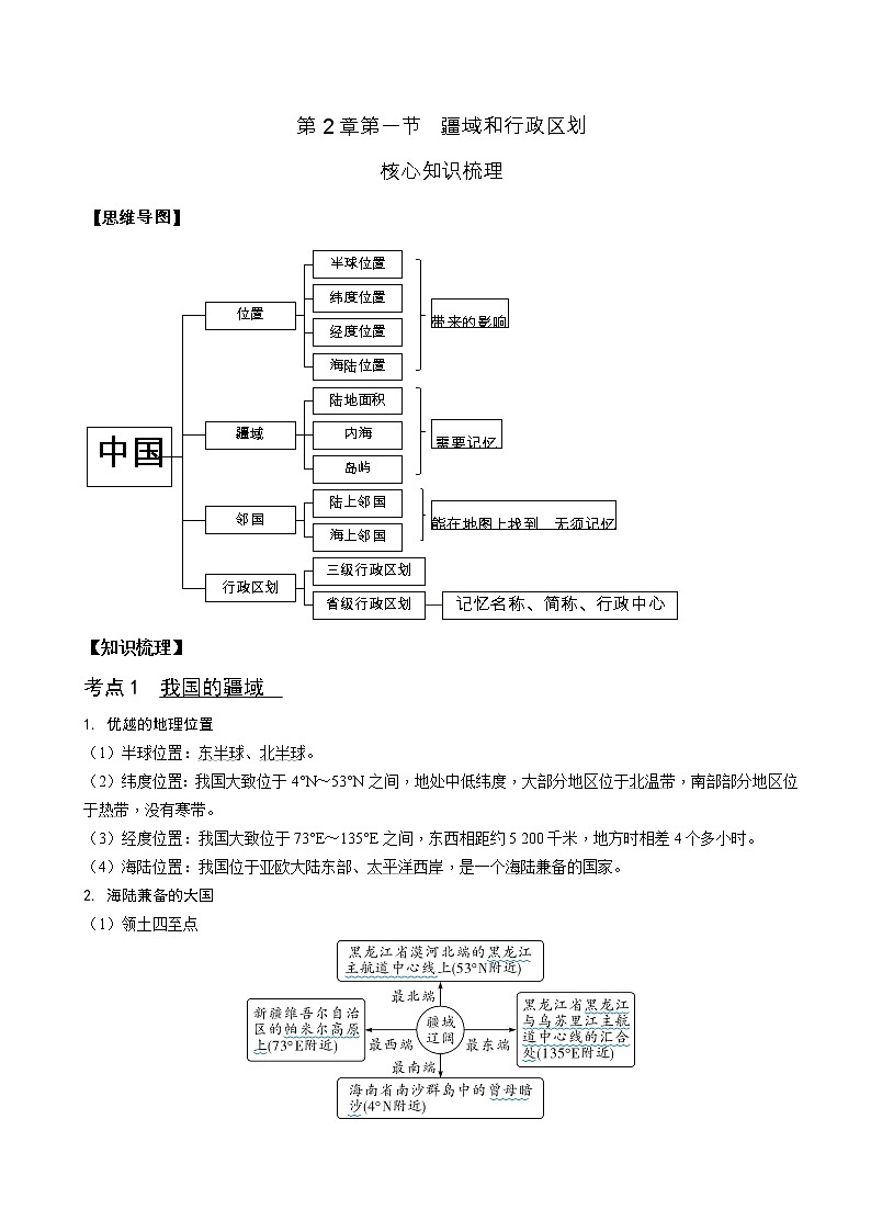 第2章 第1节 疆域和行政区划（核心知识梳理）-2022-2023学年七年级地理上学期期中期末考点大串讲（中图版）.第1页