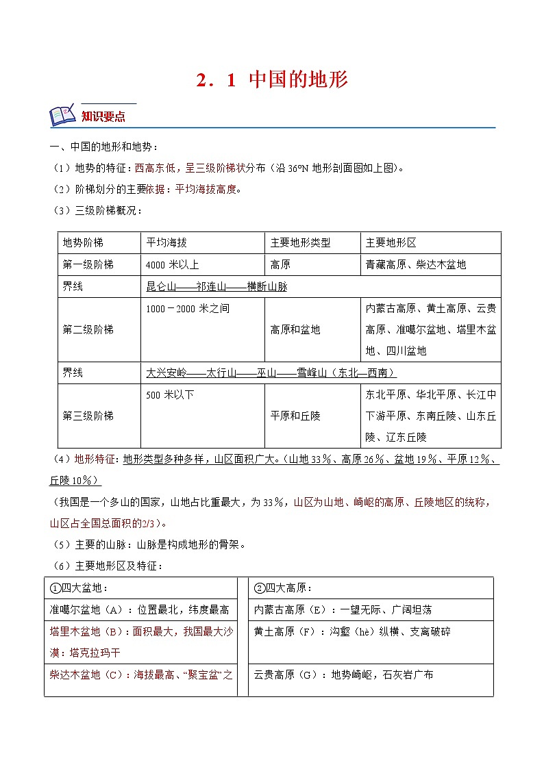 【培优分级练】湘教版 地理八年级上册 2.1《中国的地形》同步分级练（含解析）01