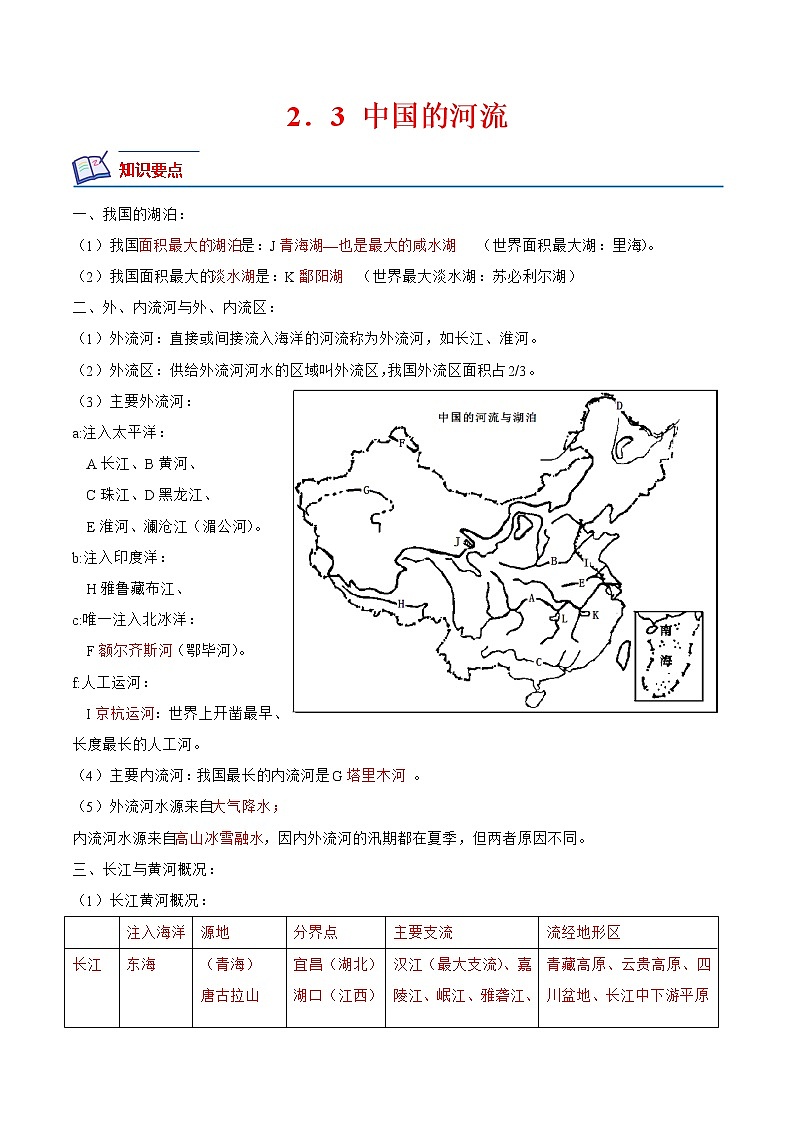 【培优分级练】湘教版 地理八年级上册 2.3《中国的河流》同步分级练（含解析）01