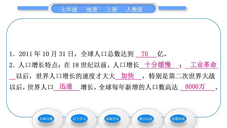 人教版七年级地理上第四章居民与聚落第一节人口与人种第1课时世界人口的增长　世界人口的分布习题课件07