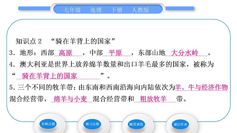 人教版七年级地理下第8章东半球其他的地区和国家第4节澳大利亚第1课时世界活化石博物馆　“骑在羊背上的国家”习题课件第7页