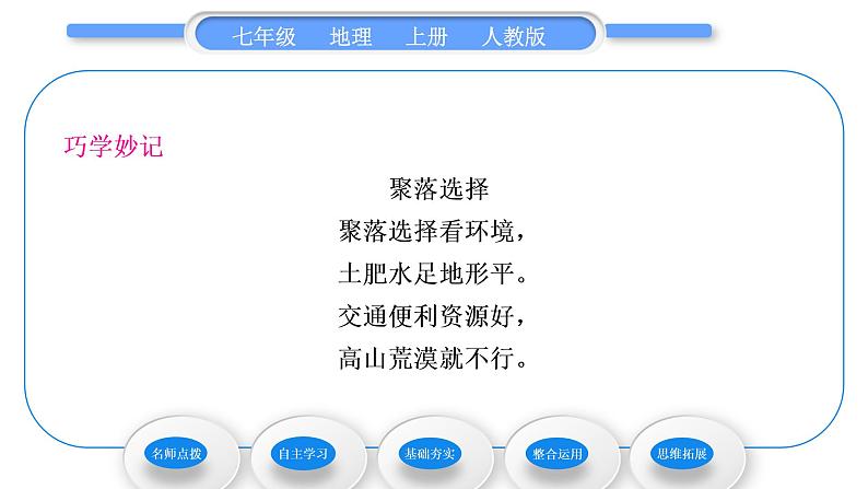 人教版七年级地理上第四章居民与聚落第三节人类的聚居地——聚落习题课件04