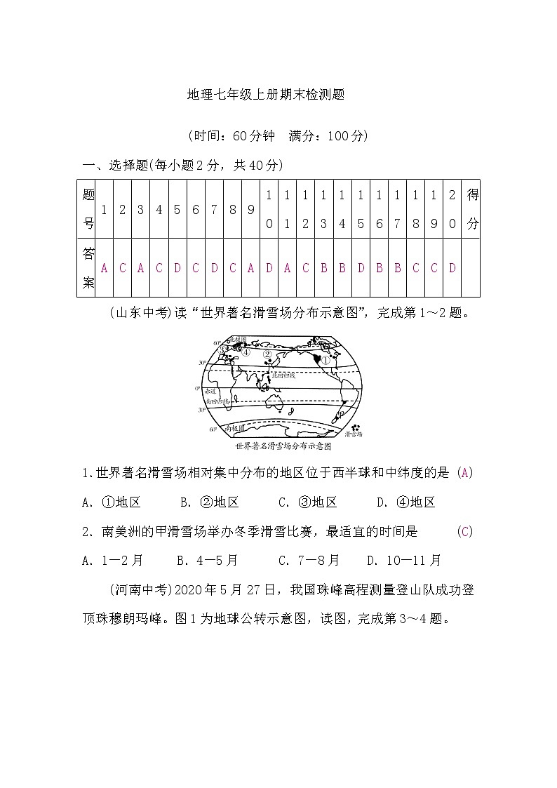 人教版地理七年级上册期末检测题(word版，含答案)第1页