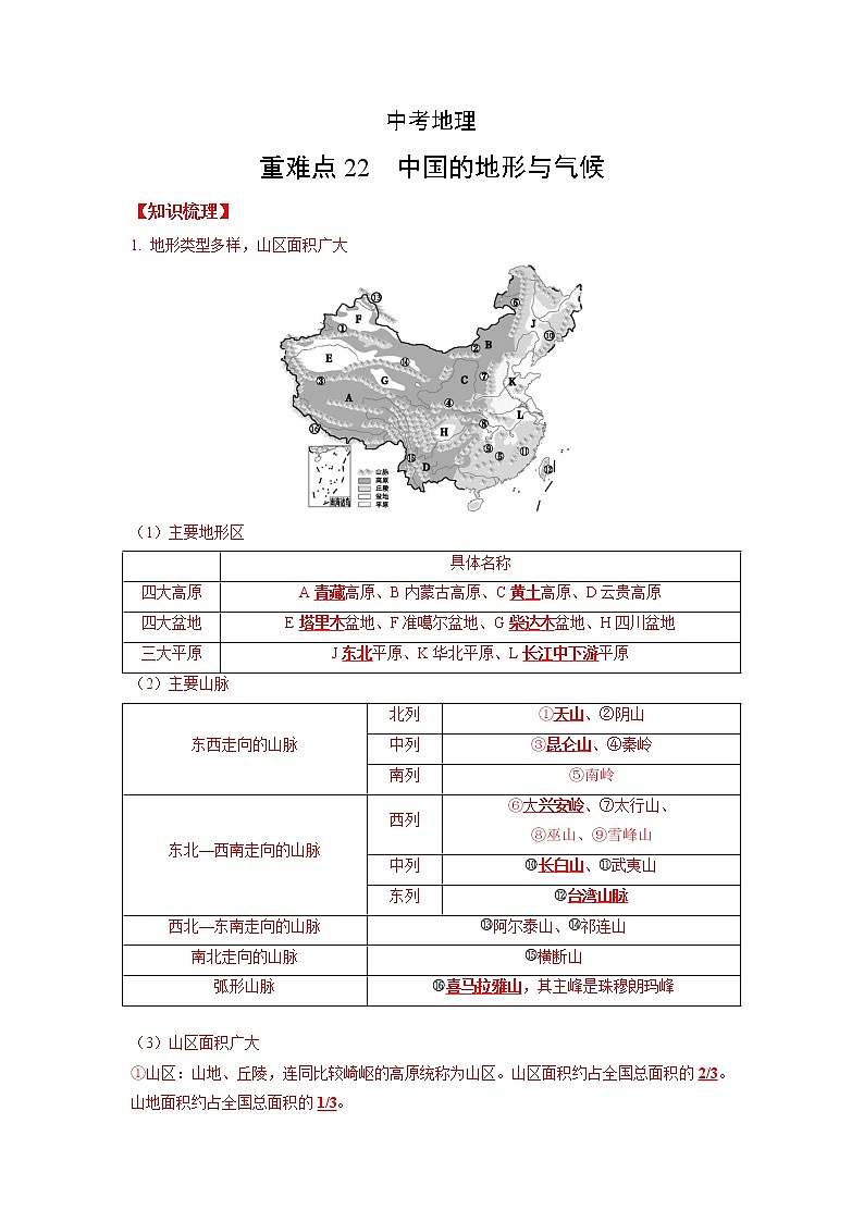 22 中国的地形与气候-（含答案解析）第1页