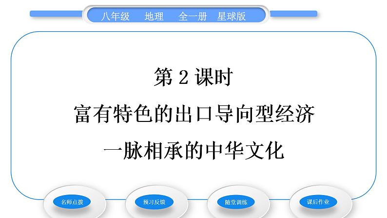 商务星球版八年级地理下第七章南方地区第四节台湾省第2课时富有特色的出口导向型经济一脉相承的中华文化习题课件第1页