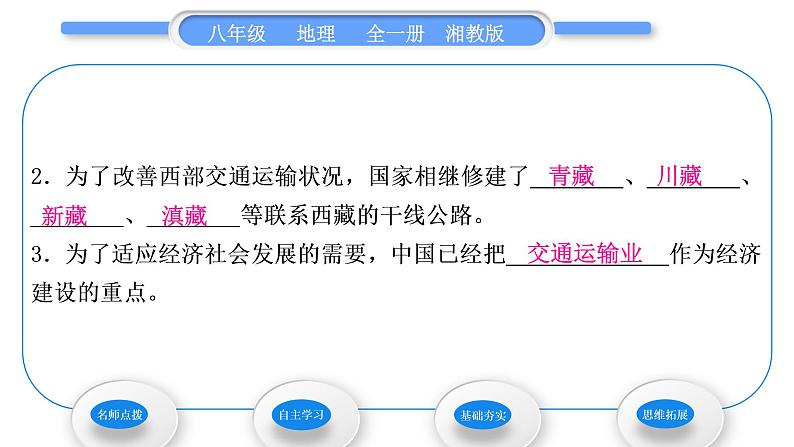 湘教版八年级地理上第四章中国的主要产业第三节交通运输业第1课时交通运输业的发展四通八达的交通运输网习题课件06