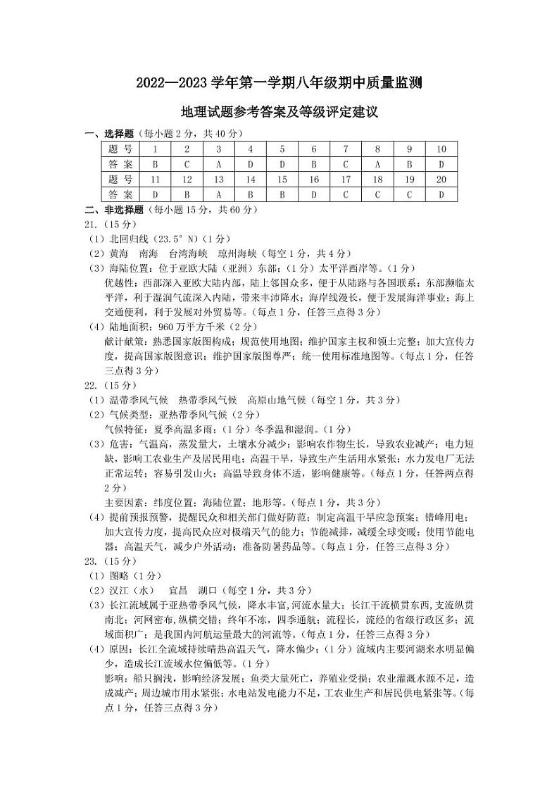 太原市2022-2023上学期期中初二地理答案第1页