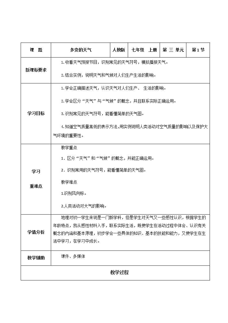 3.1 多变的天气-七年级地理上册同步备课系列（人教版）(教学设计）第1页