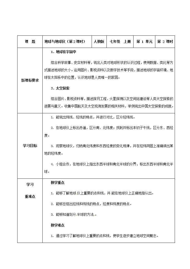 1.1 地球和地球仪（第2课时）教学设计-七年级地理上册同步备课系列（人教版）第1页
