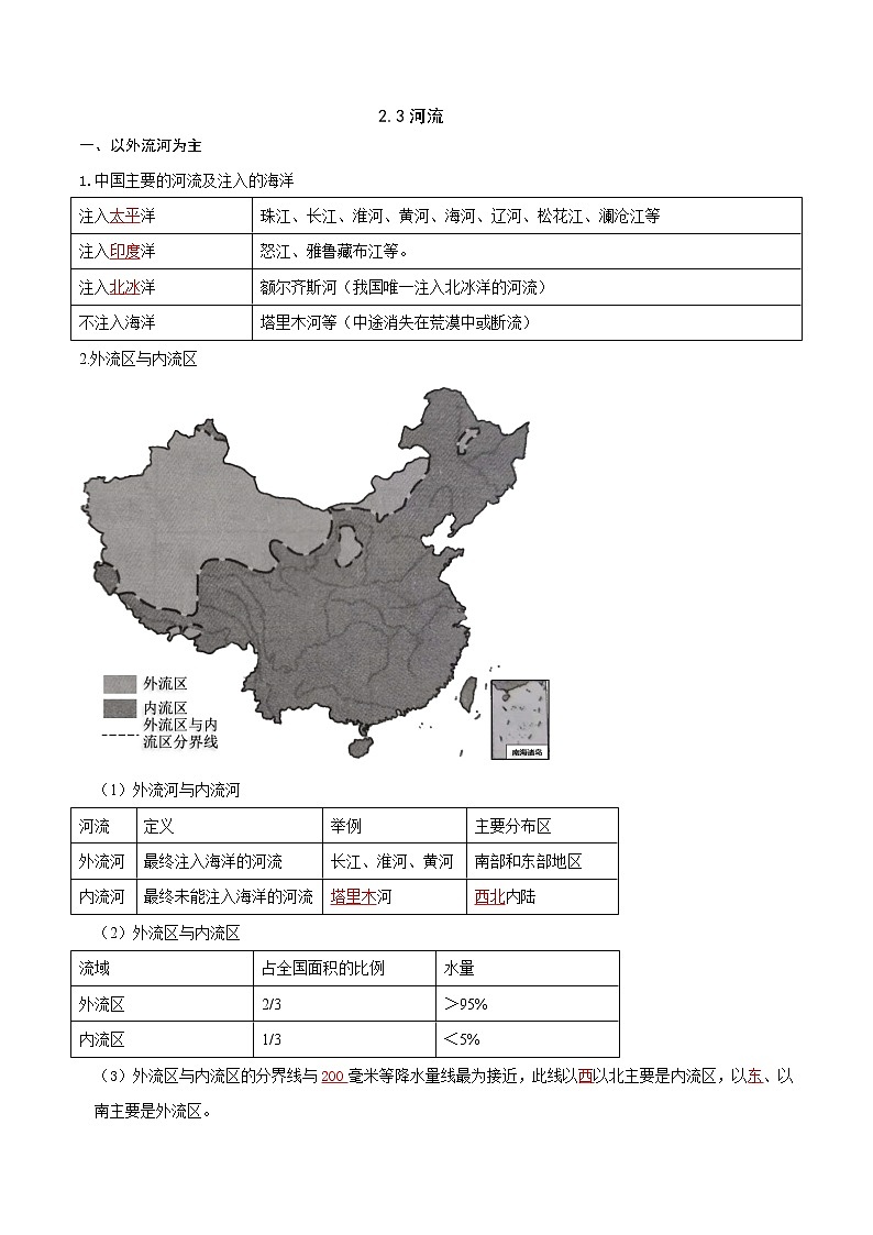 人教版八年级上学期地理期末复习知识清单2.3河流2.4自然灾害（答案版）01