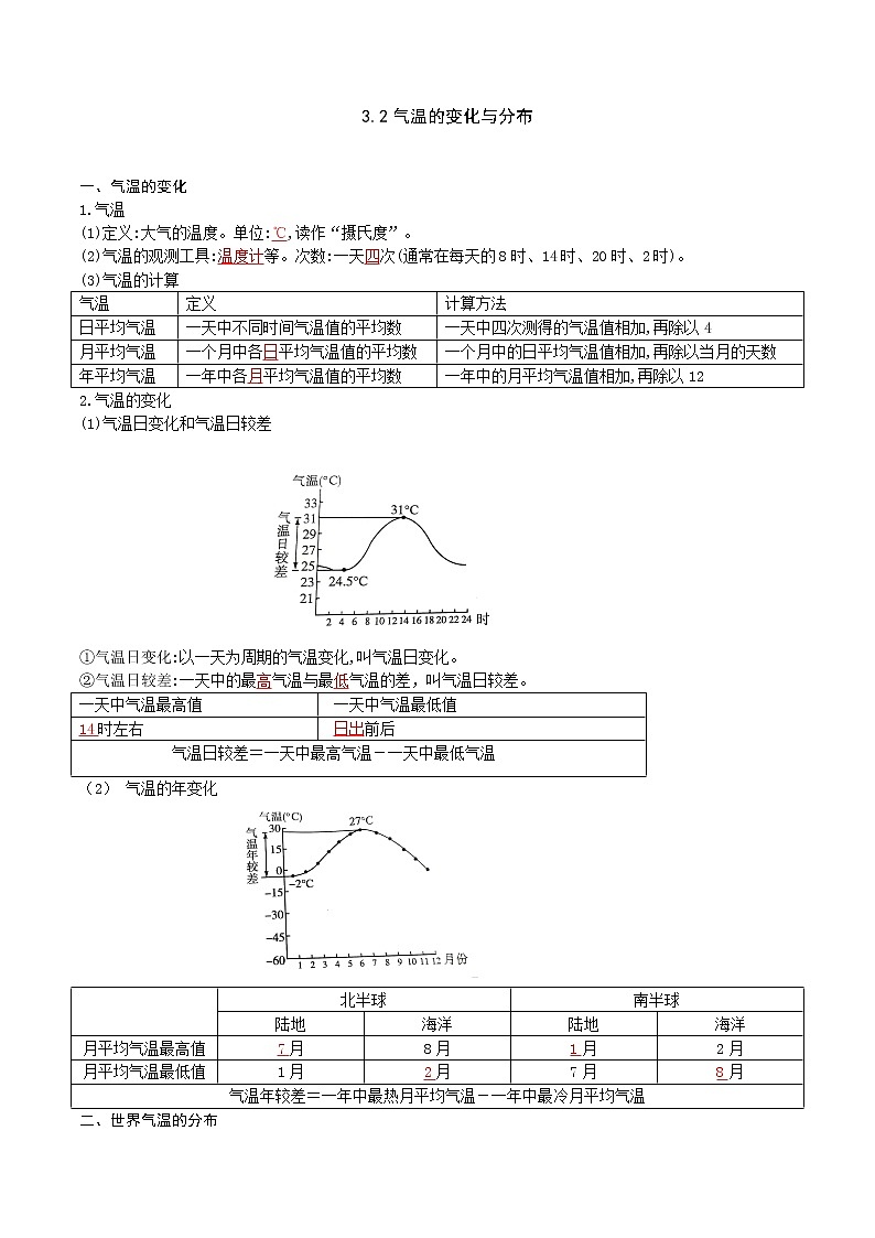 人教版 七年级上册期末复习知识清单3.2气温的变化与分布3.3降水的变化与分布（答案版）第1页