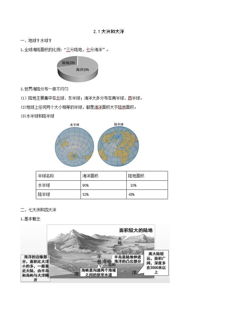 人教版七年级上册期末复习知识清单2.1大洲和大洋（答案版）01