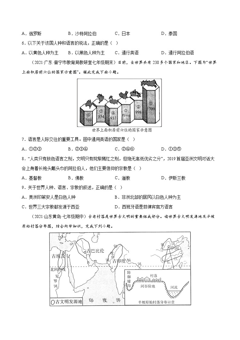 【期末好题汇编】2022-2023学年 人教版地理 七年级上学期期末好题-专题09  语言、宗教与聚落02