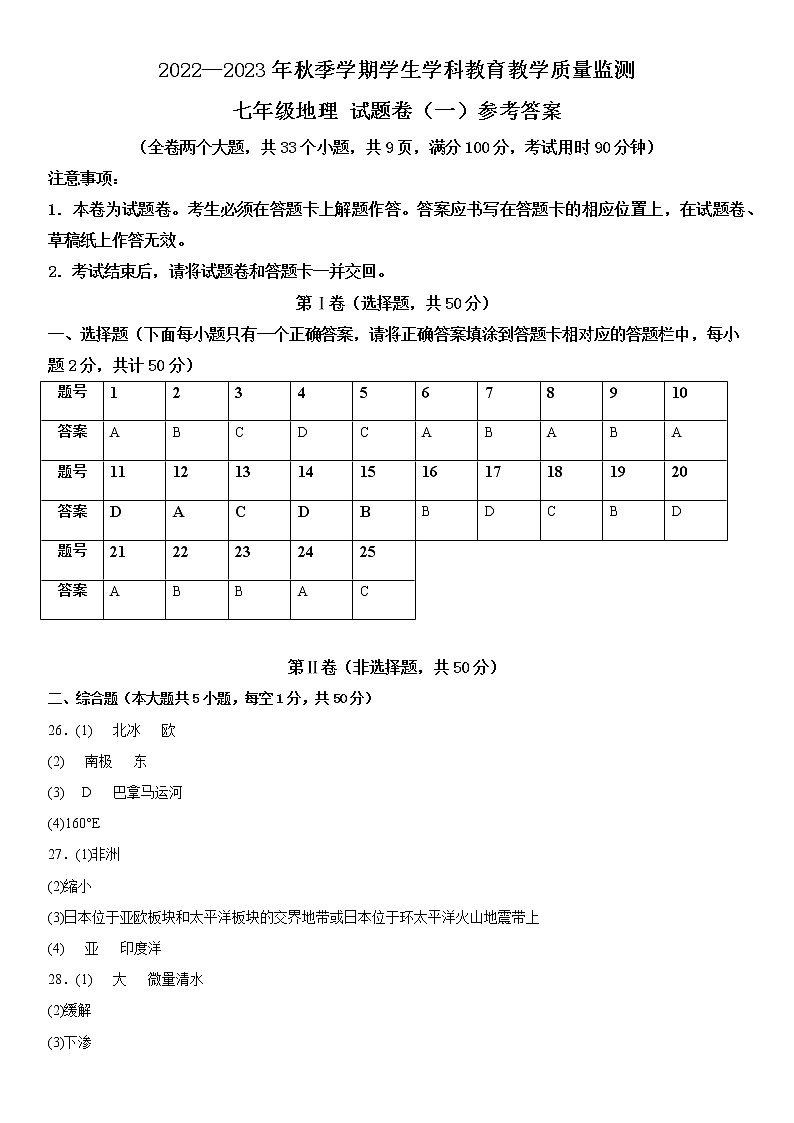 2022—2023年秋季学期云南省昭通市正道高级完全中学学生学科教育教学质量监测七年级地理试题卷（一）01