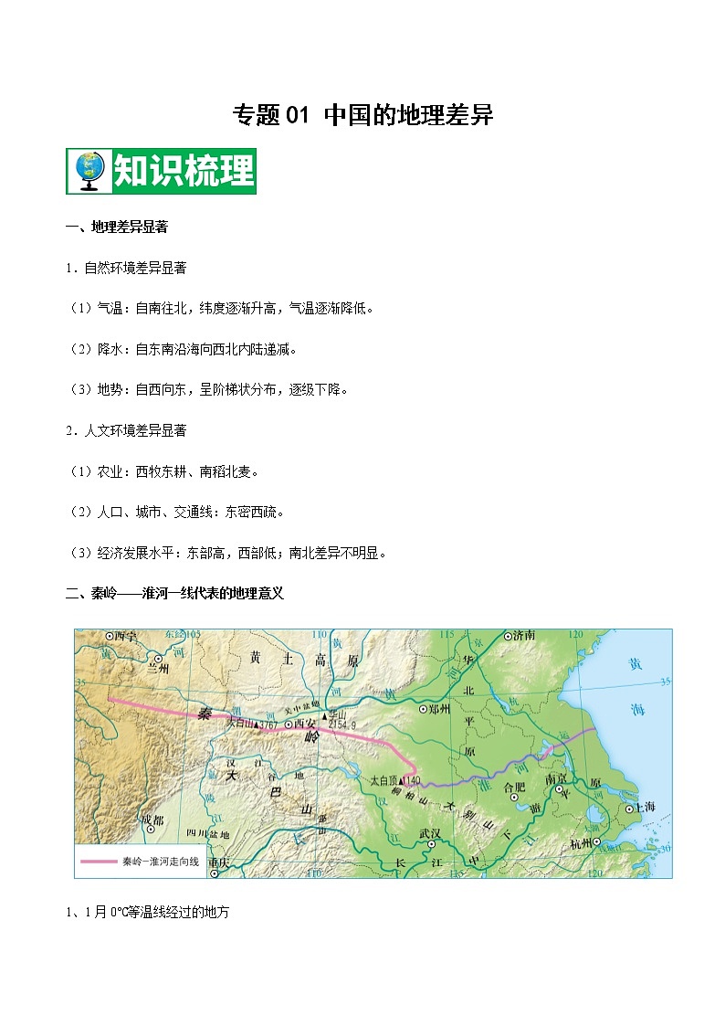专题01 中国的地理差异 【知识梳理】-八年级地理下学期期末专项复习（人教版）01