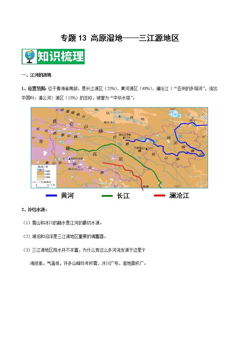 专题13 高原湿地——三江源地区 【知识梳理】-八年级地理下学期期末专项复习（人教版）01