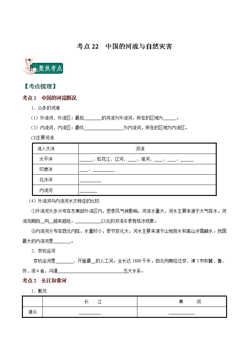 考点22 中国的河流与自然灾害-2023年中考（会考）地理考点总动员（原卷版）第1页