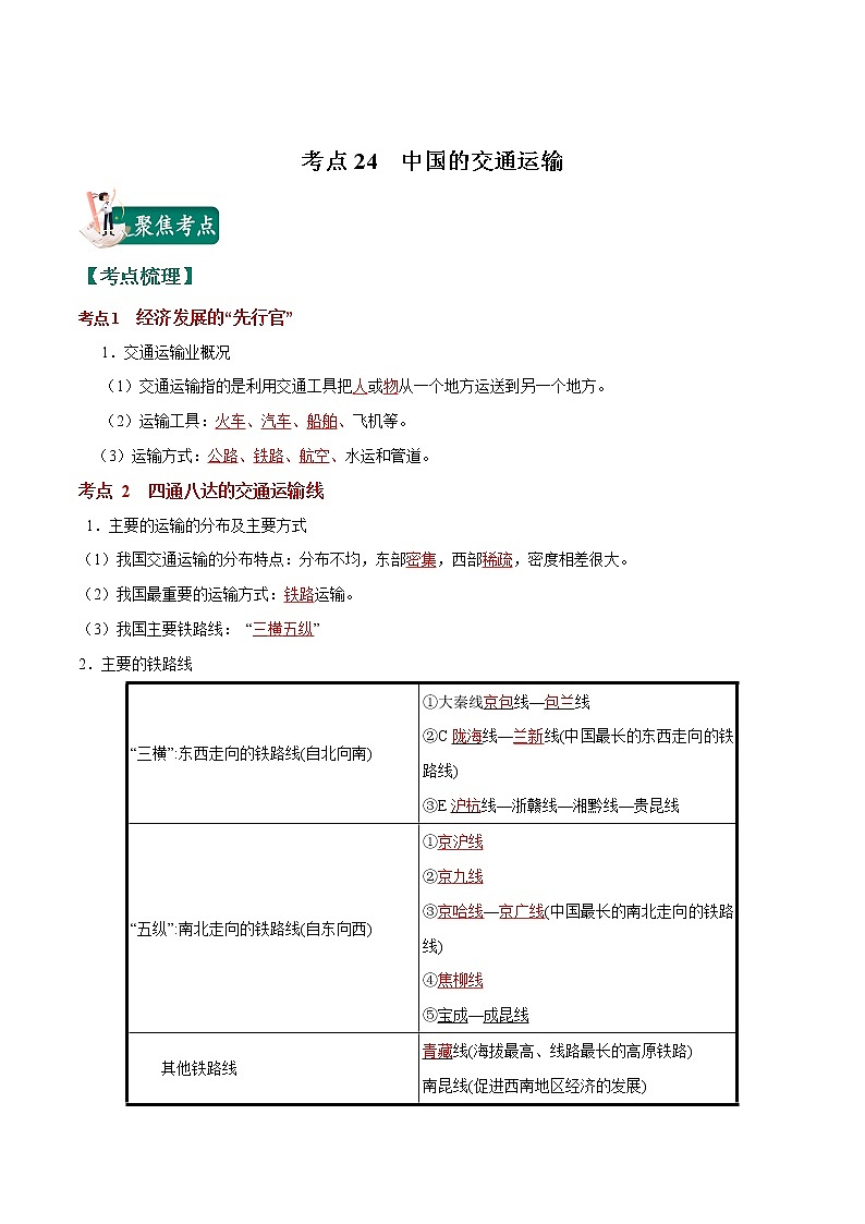 考点24 中国的交通运输-2023年中考（会考）地理考点总动员 试卷01