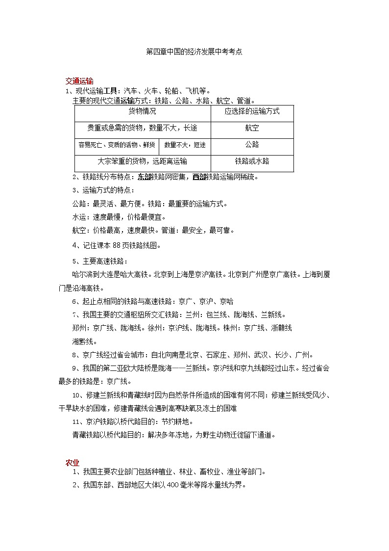 中考知识点背诵（4.中国的经济发展） 2022-2023学年七年级上册地理第1页