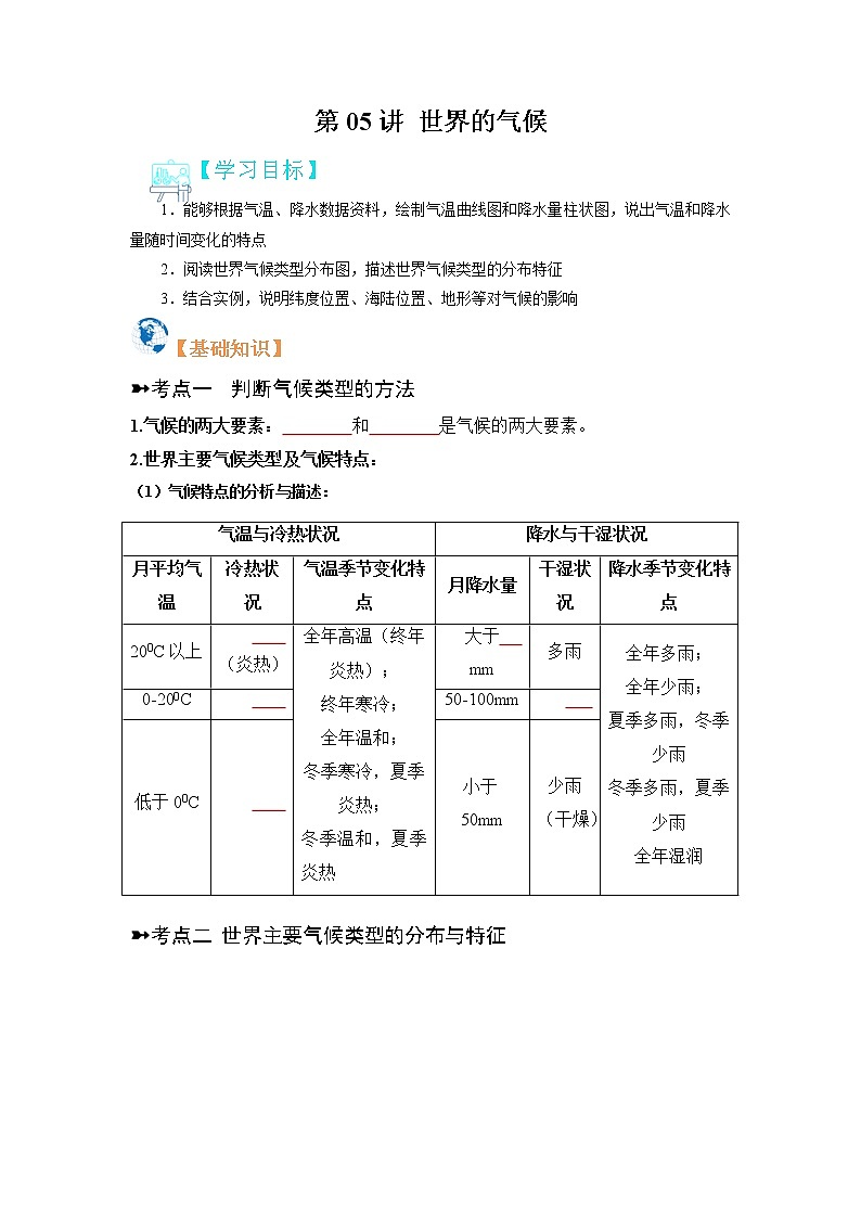 【寒假自学】2023年人教版地理七年级-第05讲《世界的气候》寒假精品讲学案（原卷版）第1页