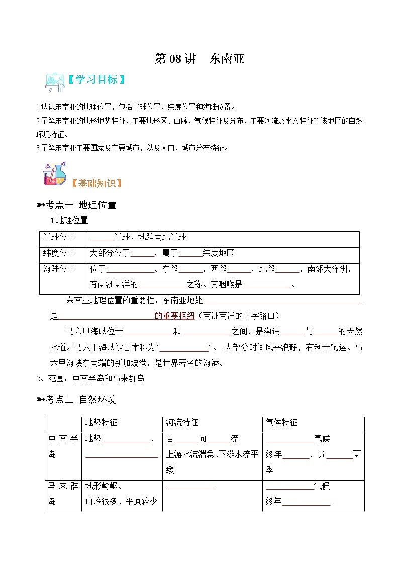 【寒假自学】2023年人教版地理七年级-第08讲《东南亚》寒假精品讲学案（原卷版）第1页