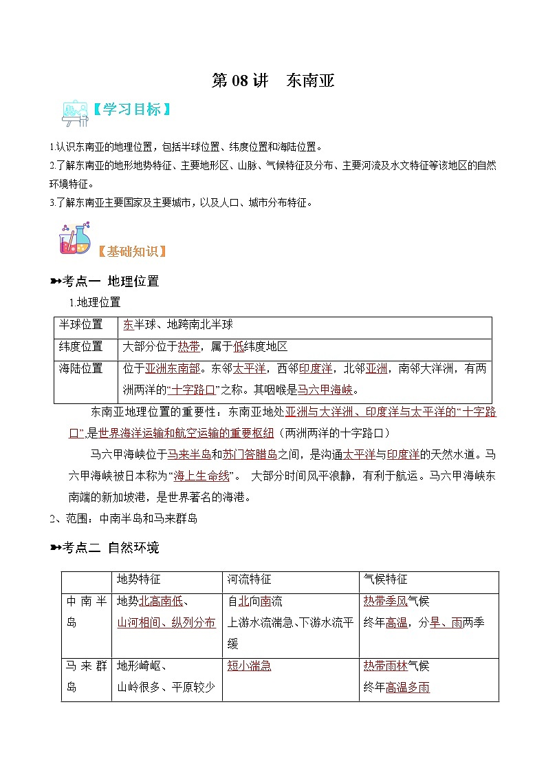 【寒假自学】2023年人教版地理七年级-第08讲《东南亚》寒假精品讲学案（解析版）第1页