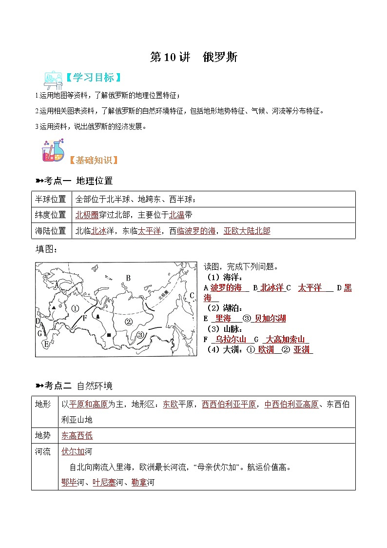 【寒假自学】2023年人教版地理七年级-第10讲《俄罗斯》寒假精品讲学案（含解析）01