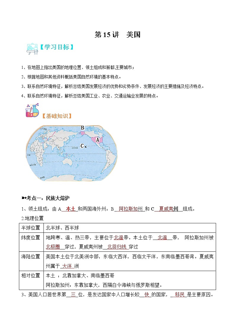 【寒假自学】2023年人教版地理七年级-第15讲《美国》寒假精品讲学案（含解析）01