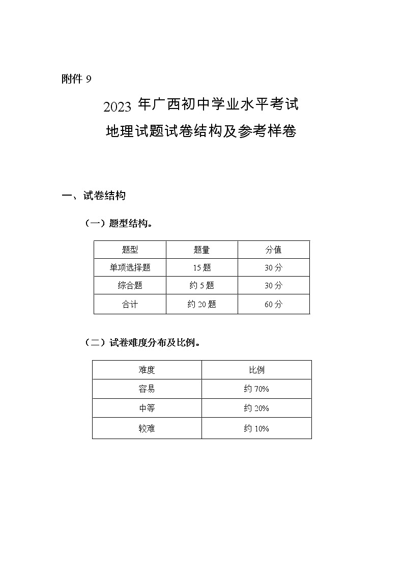 2023年广西初中学业水平考试地理试题试卷结构及参考样卷(含答案)第1页