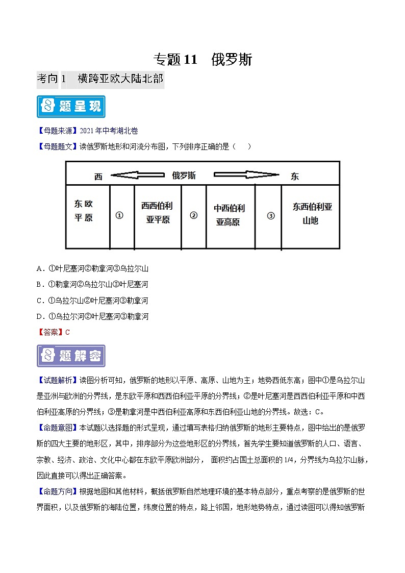 专题11 俄罗斯-备战2023年中考地理母题题源解密（全国通用）（解析版）第1页