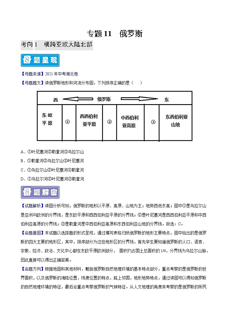 专题11 俄罗斯-备战2023年中考地理母题题源解密（全国通用）（原卷版）第1页