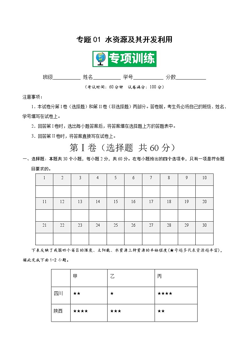 专题01 水资源及其开发利用 【专项训练】-七年级地理下学期期末专项复习（中图版）01