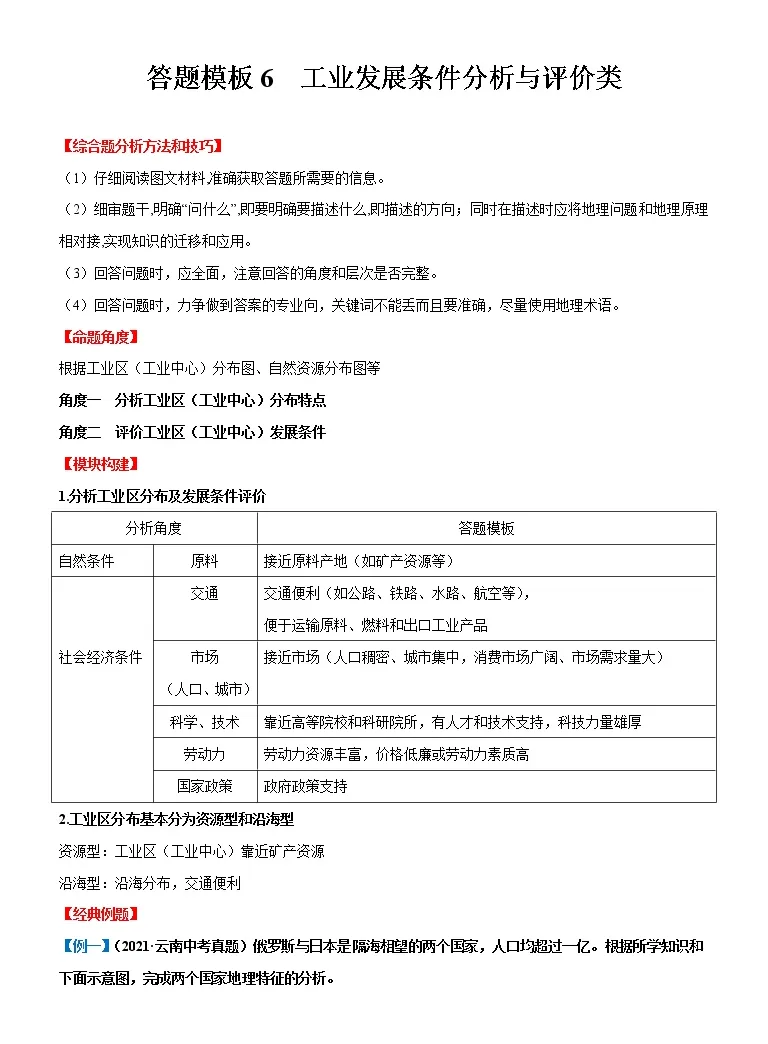 答题模板6 工业发展条件分析与评价类 备战23年中考地理综合题答题模板及解答指导 教习网 试卷下载