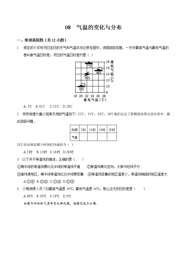 08 气温的变化与分布-七年级上学期地理同步课堂巩固强化练（人教版）（原卷版）第1页