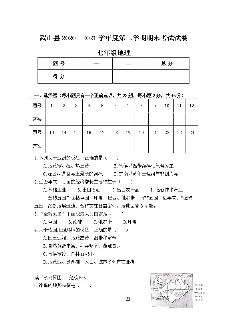 甘肃省天水市武山县2020-2021学年七年级下学期期末考试地理试卷01